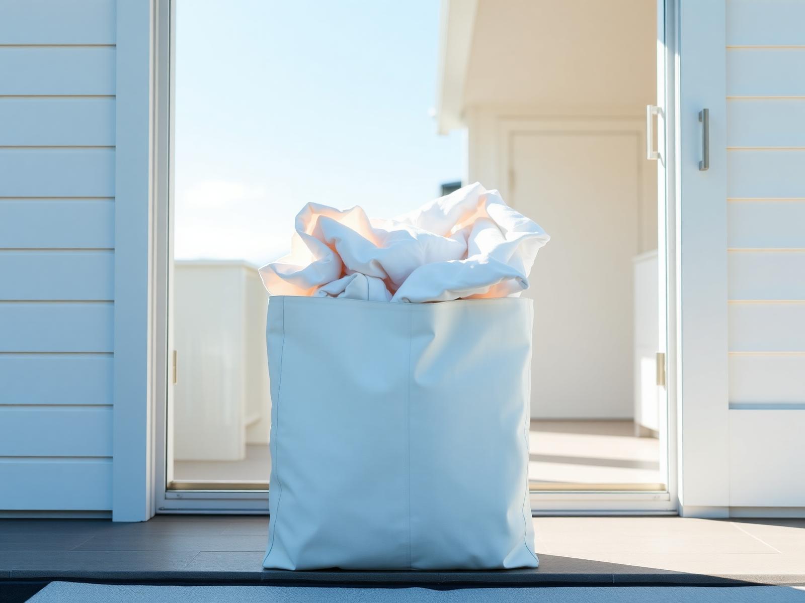 CleanCloud NZ laundry bag of fresh folded linen on an Auckland doorstep in morning light